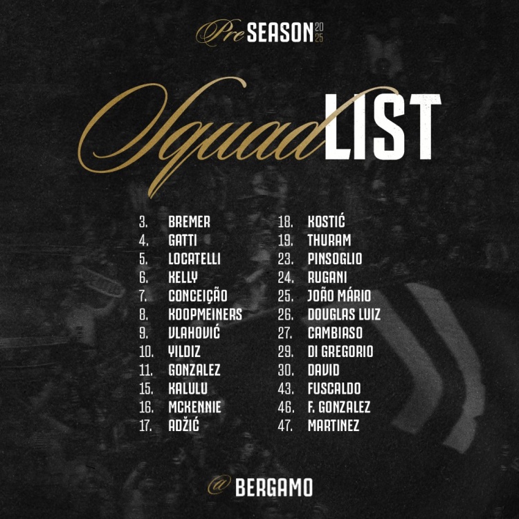 尤文友谊赛对阵亚特兰大名单：戴维、冈萨雷斯、弗拉霍维奇在列