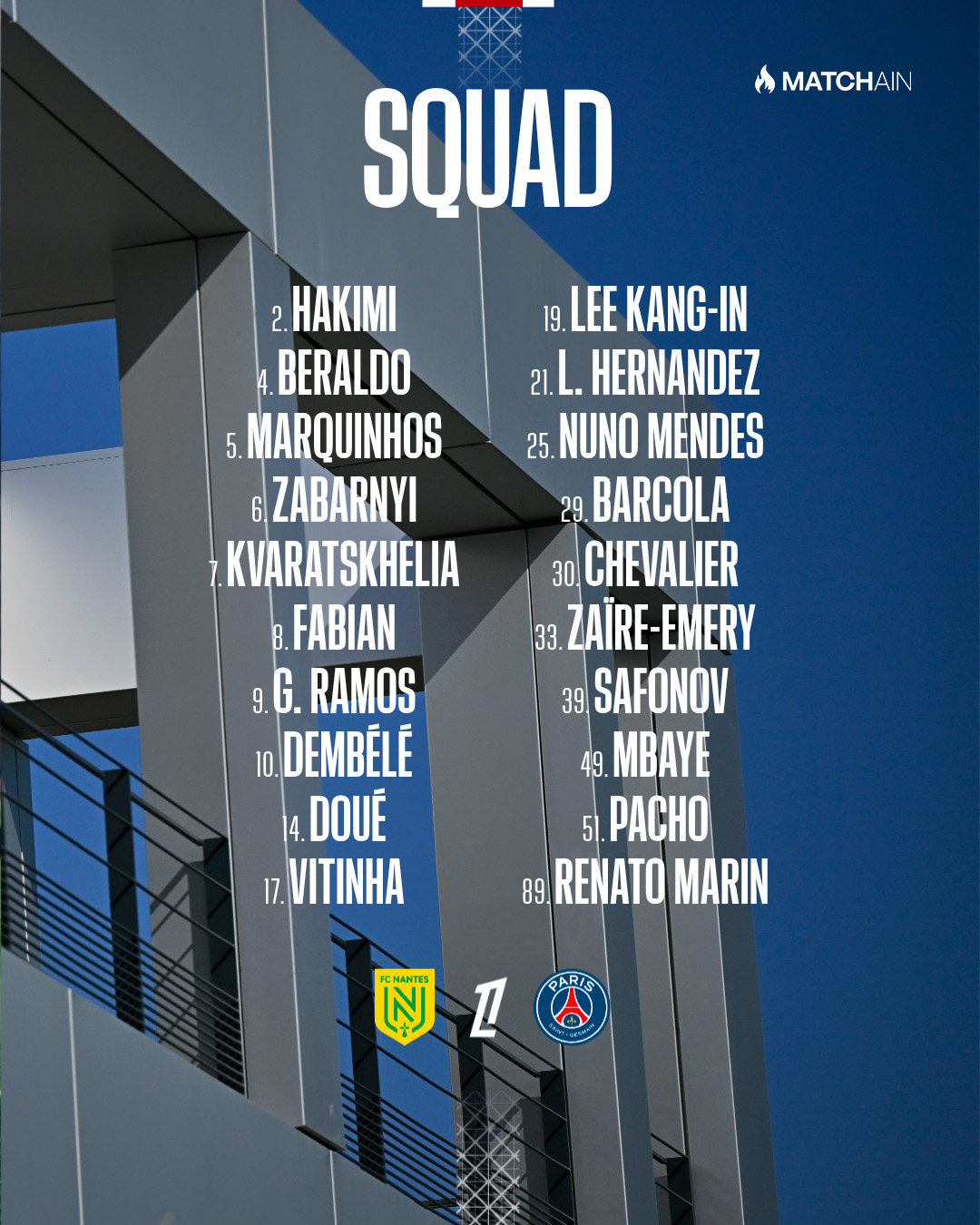 巴黎对阵南特大名单：登贝莱、维蒂尼亚领衔，多纳鲁马未入选